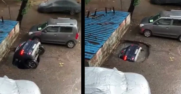 Captan momento exacto en que socavón se traga un auto en India (VIDEO)