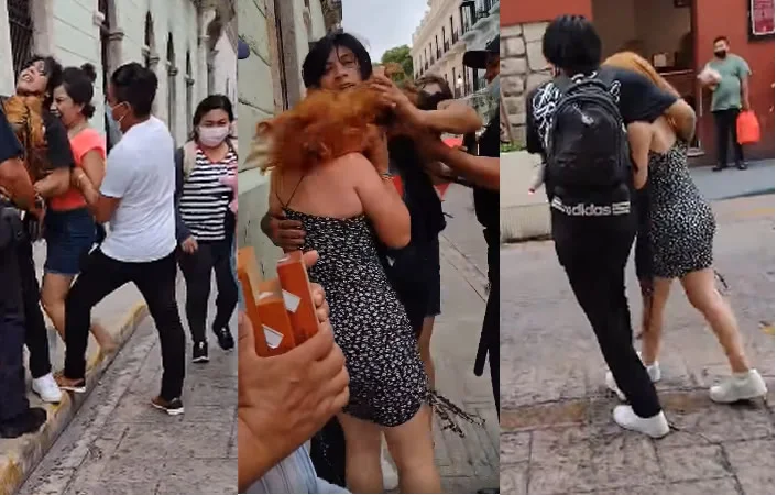 VIDEO: Mujer agarra a mordidas a su novio infiel en Mérida y la otra la desgreña