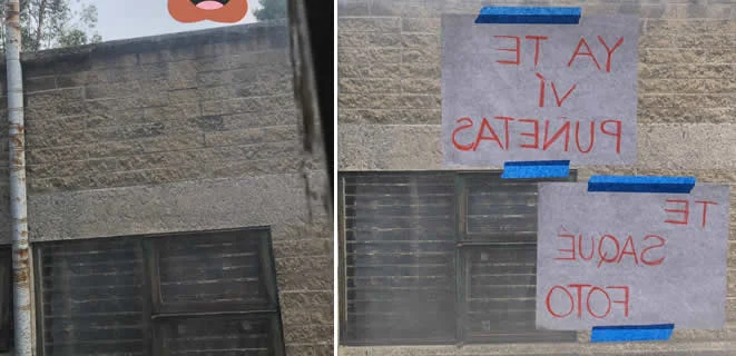 Mujer coloca letreros en su ventana para denunciar que su vecino la espía