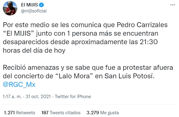 Reportan supuesta desaparición de El Mijis; fue a concierto de Lalo Mora