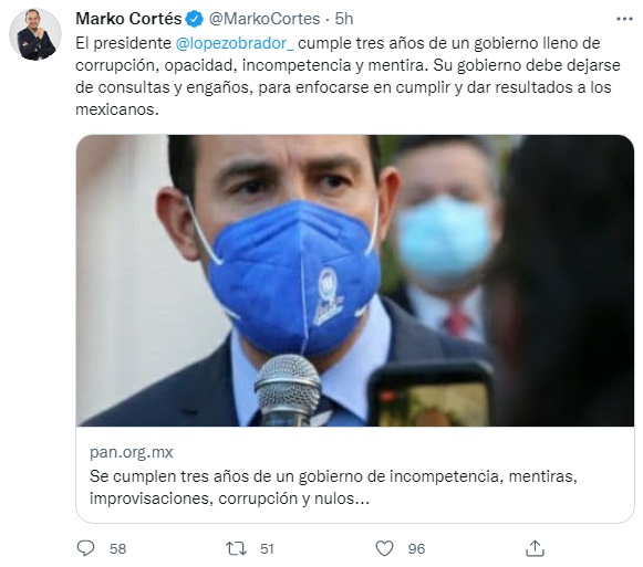 Marko Cortés acusa supuesta corrupción en mitad del sexenio de AMLO