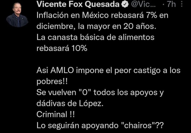 Vicente Fox llama criminal a AMLO y acusa aumento de inflación en México