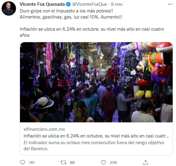 Vicente Fox acusa supuesta inflación y aumento en costo de alimentos en México