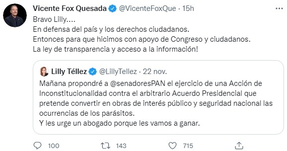 Vicente Fox respalda a Lilly Téllez contra decreto sobre obras insignia de AMLO