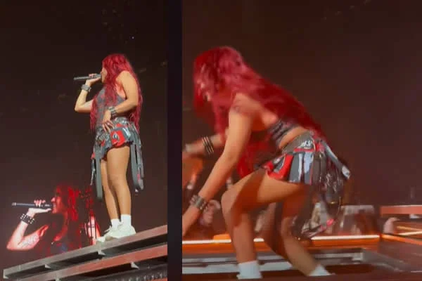 «Otra vez» Karol G repite la historia tras sufrir caída en concierto en Miami (VIDEO)