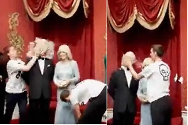 Activistas lanzan pastelazo a figura de cera de Carlos III en Madame Tussauds