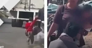 VIDEO | Hombre se arrastra por la calle para evitar que su esposa lo abandone